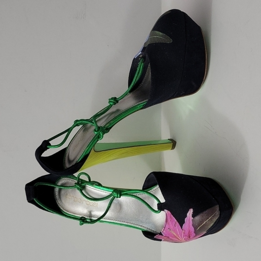 Sergio Rossi Colorblock Floral Canvas and Suede Heels Navy Blue Size 38.5